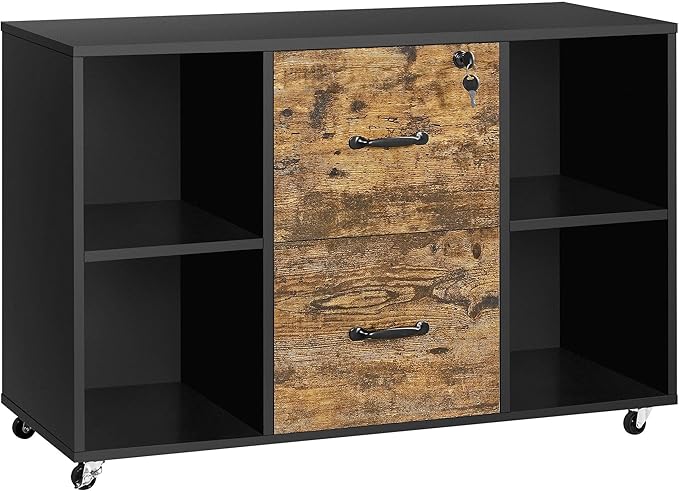 Topeakmart 2 Drawer File Cabinet for Letter Size A4 Size, Large Mobile Lateral Filing Cabinet Printer Stand with 4 Storage Compartments for Home Office (Black/Rustic Brown)