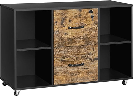 Topeakmart 2 Drawer File Cabinet for Letter Size A4 Size, Large Mobile Lateral Filing Cabinet Printer Stand with 4 Storage Compartments for Home Office (Black/Rustic Brown)