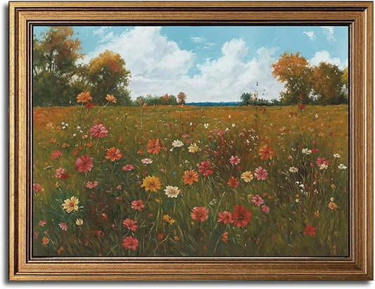 Gold Framed Wall Art Vintage Floral Canvas Wall Art Floral Countryside Blooming Wildflowers Artwork Prints Picture for Living Room Bedroom Farmhouse Bathroom Office Decor, 16x24