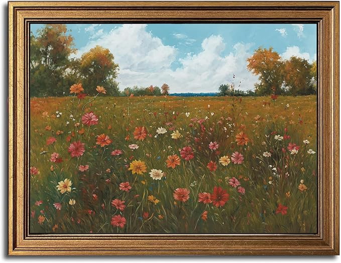 Gold Framed Wall Art Vintage Floral Canvas Wall Art Floral Countryside Blooming Wildflowers Artwork Prints Picture for Living Room Bedroom Farmhouse Bathroom Office Decor, 12x16