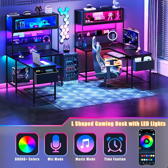 L Shaped Gaming Desk with Power Outlets & LED Lights, 39'' Small Reversible Computer Desk with Hutch & Pegboard & Display Cabinet, Corner Home Office Desk with Keyboard Tray & Storage Bag, Black