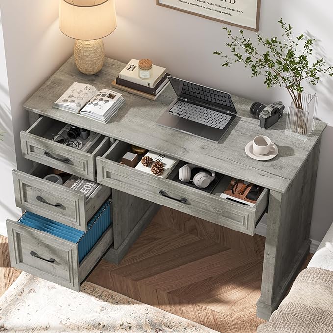 Farmhouse 47" Executive Desk with 3 Drawers and Adjustable File Drawer, Workspace for Home Office and Study, Grey.