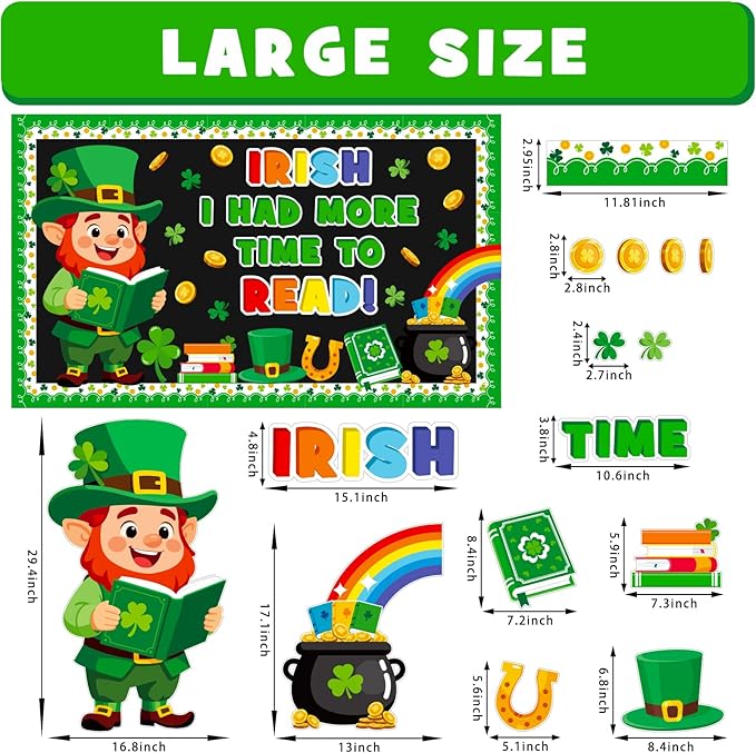 St. Patrick's Day Reading Bulletin Board Decoration Set, March Library Classroom Decorations Leprechaun Lucky Charms Shamrock Rainbow Clover Book Pot of Gold Cutouts School Wall Door Decor for Teacher