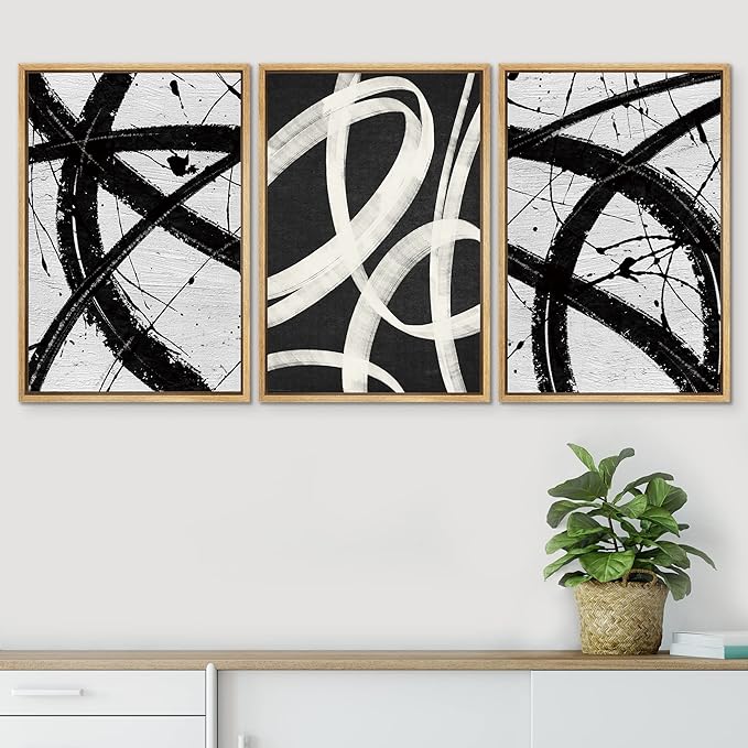 SIGNWIN Framed Canvas Print Wall Art Set Geometric Duotone Ring Landscape Graffiti & Street Art Abstract Illustrations Modern Art Nordic for Living Room, Bedroom, Office - 16"x24"x3 Natural