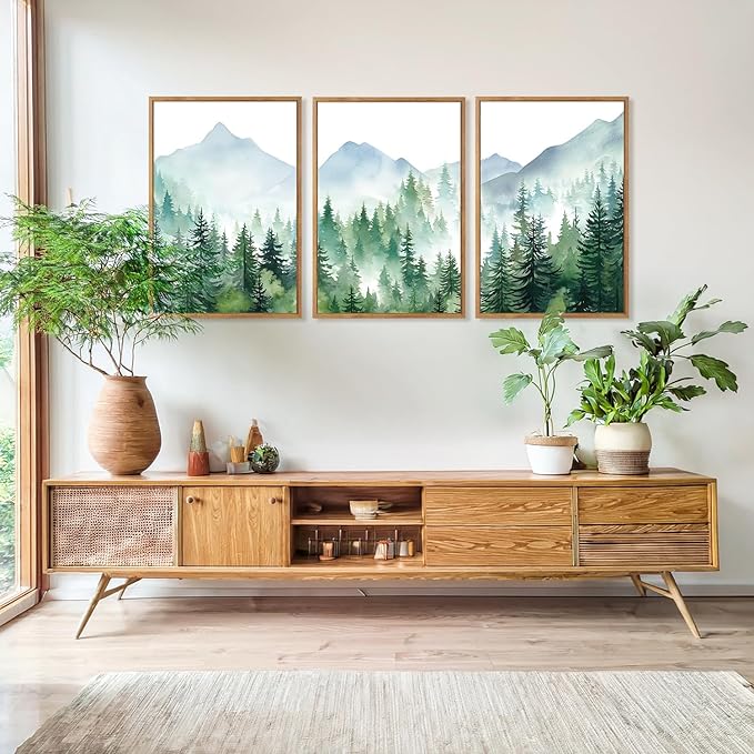 CHDITB Mountain Landscape Framed Canvas Wall Art(16"x24"), 3 Panels Boho Nature Forest Artwork Prints, Large Abstract Modern Green Pine Trees Art Decor for Bedroom Living Room Office