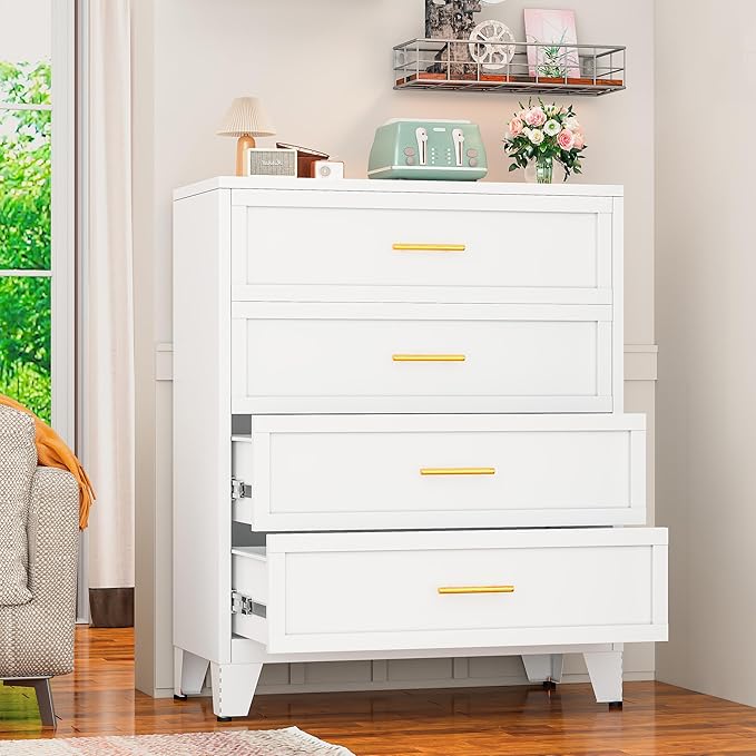 Tall 4 Drawers Dresser for Bedroom, Metal Drawer Dresser Chest Organizer, 4 Drawer Metal File Cabinet, Drawer Cabinet for Home Office Collection and Storage Small Size Files (White)