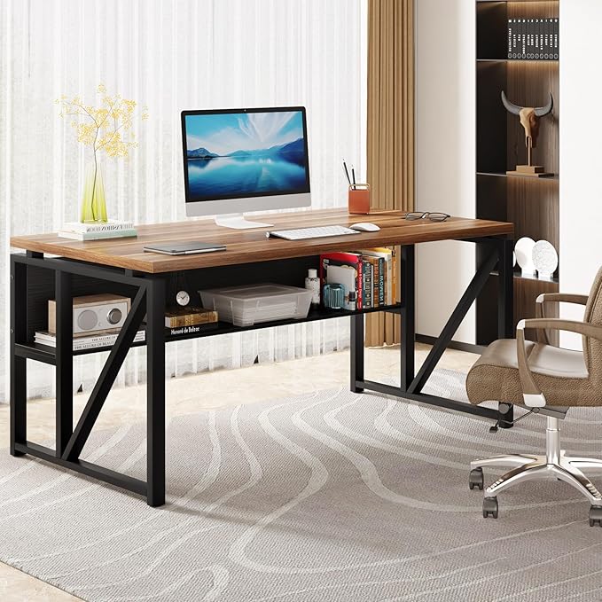 Tribesigns 55 inches Computer Desk with Bottom Storage Shelf Home Office Desk Writing Table for Workstation, Dark Walnut + Steel Leg, Cabinet not Included (Walnut, 55-inch -with Shelf)