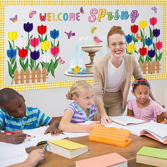 Pajean Welcome Spring Bulletin Board Set 3D Honeycombs Tulip Flower Classroom Decorations Floral Bird Butterfly Cutouts for Wall Door Decor Spring Easter Classroom Birthday Party Supplies