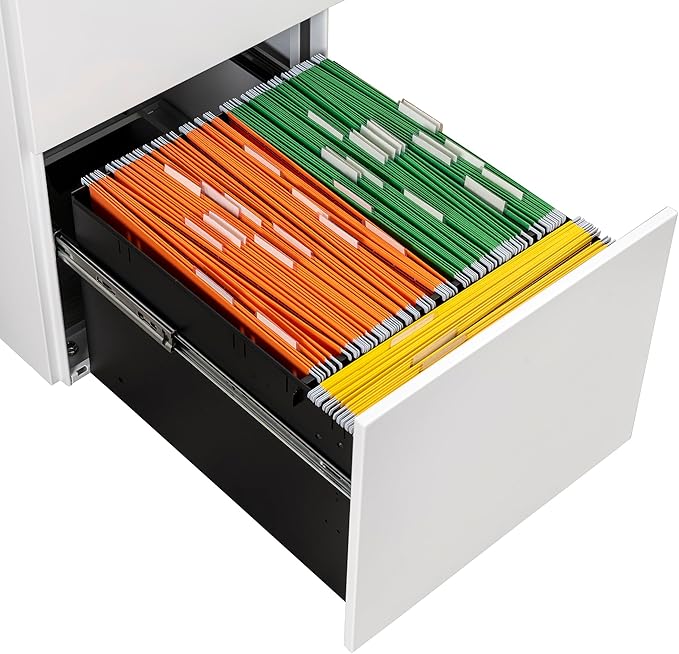 JULYFOX 2 Drawers Mobile File Cabinet W/Lock, 27.2 inch White Steel Filing Cabinet on Casters with 2 Keys Fully Extension Drawers Letter Legal A4 Size 300 lb Heavy Duty-White
