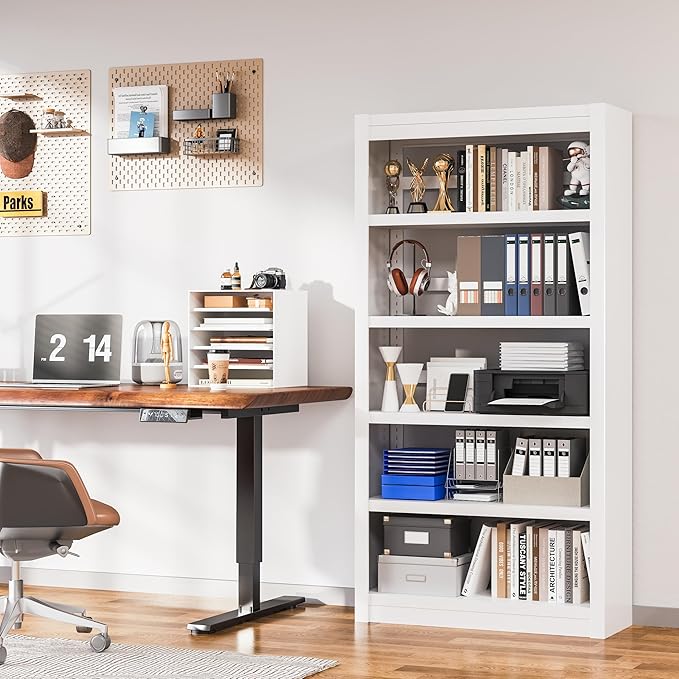 61'' Tall Metal Bookcase,Modern 5 Tier Bookshelf,White Open Adjustable Bookcases,Large Heavy Duty Display Bookshelves for Library,Office,Bedroom,Living Room