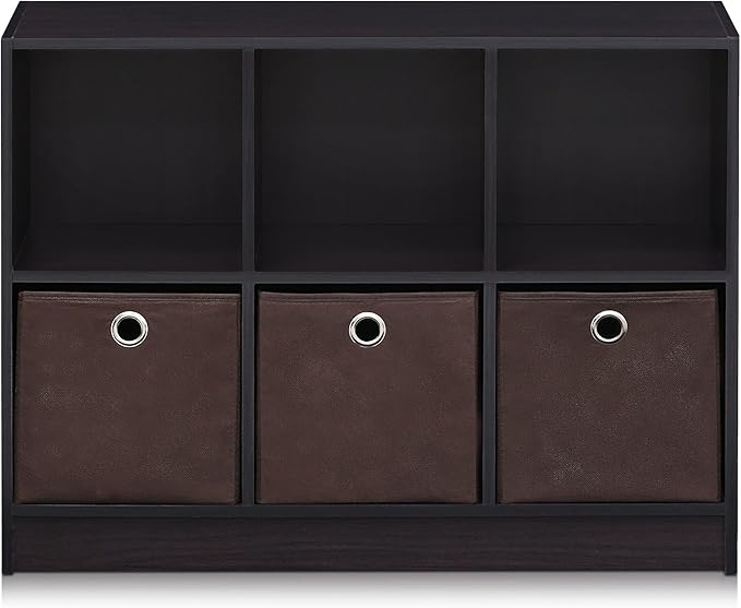 Furinno BASIC Book Shelf, 6-Cube Bookshelf with Open Shelf, 3 x 2 Bookcase with Storage Bins, Closed Back, Horizontal, 11.9 x 31.6 x 23.6, for Living Room, Bedroom, Home Office, Dark Walnut