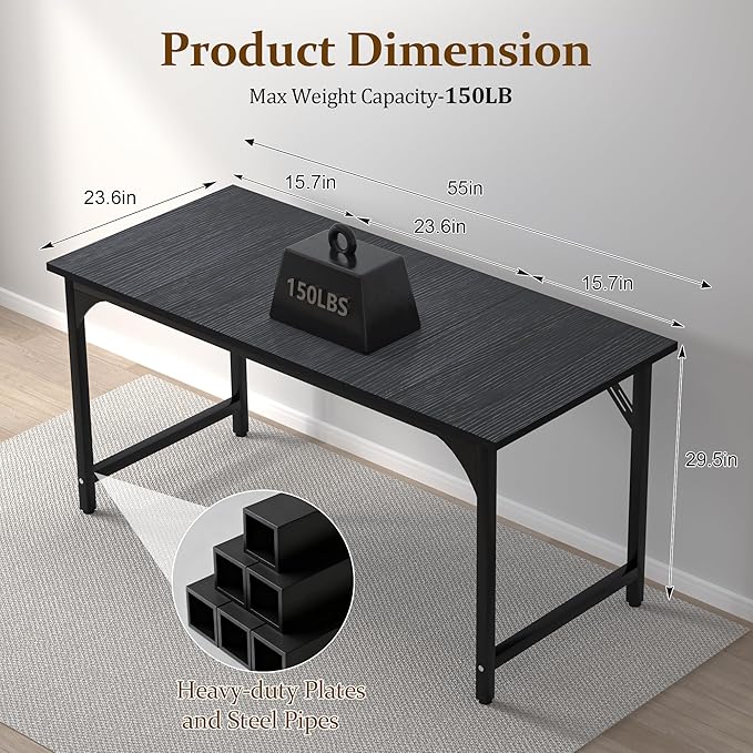 55 X 23.6 inch Computer Desk, Office Desk with Deeper & Thicker Desktop, Modern Simple Study Table with Sturdy Metal Frame & Large Legroom, Study Writing Work Desk for Home Office, Bedroom