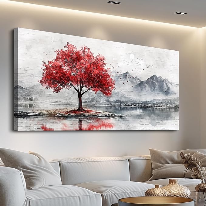 QIYILEXWART Large Wall Decor For Living Room Canvas Wall Art For Office Modern Wall Decorations For Bedroom Red Tree Landscape Painting Farmhouse Pictures Artwork Room Home Decor 24x48 In