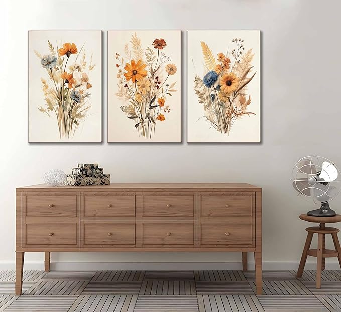 3Pcs Vintage Wildflower Canvas Wall art Country Farmhouse Watercolor Flower Botanical Painting Pictures Wall Decor Floral Poster Print Artwork for Bedroom Living Room Girls Room Decoration