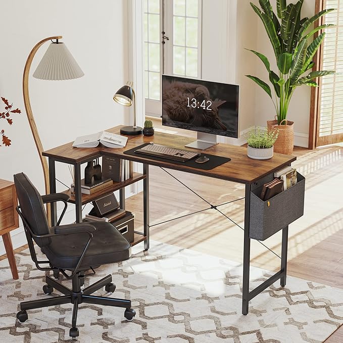 CubiCubi L Shaped Desk, 40 Inch Computer Desk with Reversible Storage Shelves Home Office Corner Desk Study Writing Table, Rustic Brown