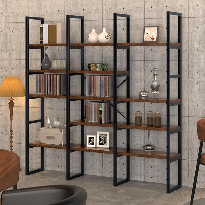Jehiatek Large Bookshelf 5 Tiers, Triple Wide Geometric Bookcase, 71 Inches Tall Industrial Book Shelves Etagere Book Case, Sturdy Metal Frame, Freestanding Display Shelving Unit, Rustic Brown
