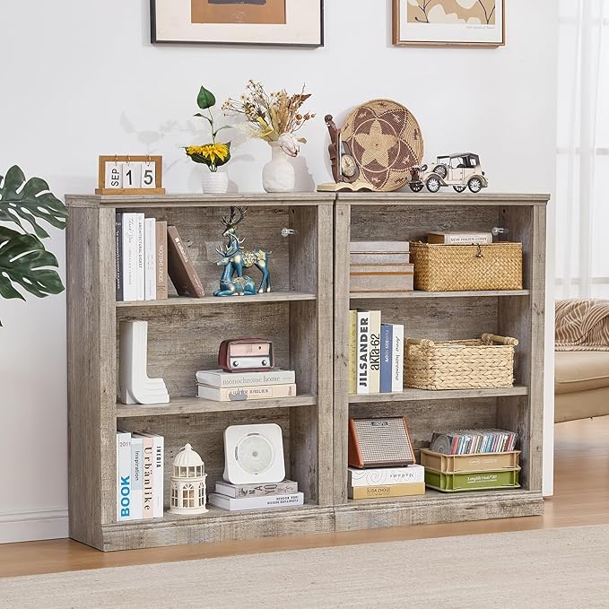43" Grey Tall Bookshelf Set of 2,3-Tier Thick Wooden Book Shelf with Adjustable Shelves,Free Standing Farmhouse Bookcase with Open Display Storage,Floor Vintage Bookshelves for Living Room