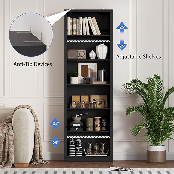 75" Tall Bookshelf, 6-Tier Floor Standing Bookcase with 2 Adjustable Shelves, 24" Wide Open Storage Shelf, Modern Display Organizer for Home Office, Living Room, Bedroom, Study