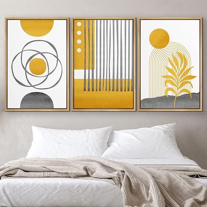IDEA4WALL Framed Canvas Print Wall Art Set Geometric Mid-Century Gold Jungle Plant Polygons Abstract Shapes Illustrations Modern Art Nordic for Living Room, Bedroom, Office - 16"x24"x3 Natural