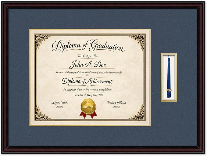 Diploma Frame with Tassel Holder 25.25 x 19 Executive Brown Shadowbox Navy Blue Over Gold Mat - Fits 15 x 12 Degree Made in the USA
