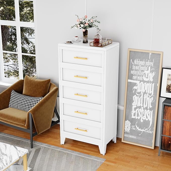 53.46" Tall Dresser for Bedroom 5 Drawers, Metal Dresser Chest of Drawers, Circular Drawer Cabinet for Home,Filing Cabinet with Drawers for Office (White)