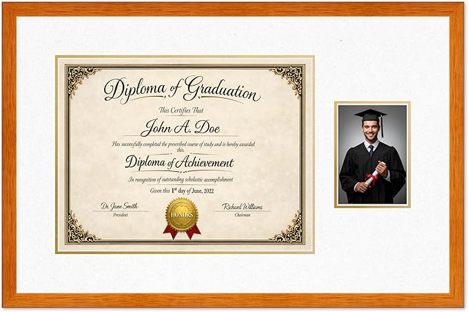Diploma Frame With Photo Opening Honey Oak Oyster Shell Over Gold Mat - Fits 17 x 13 Degree and Picture Made in the USA