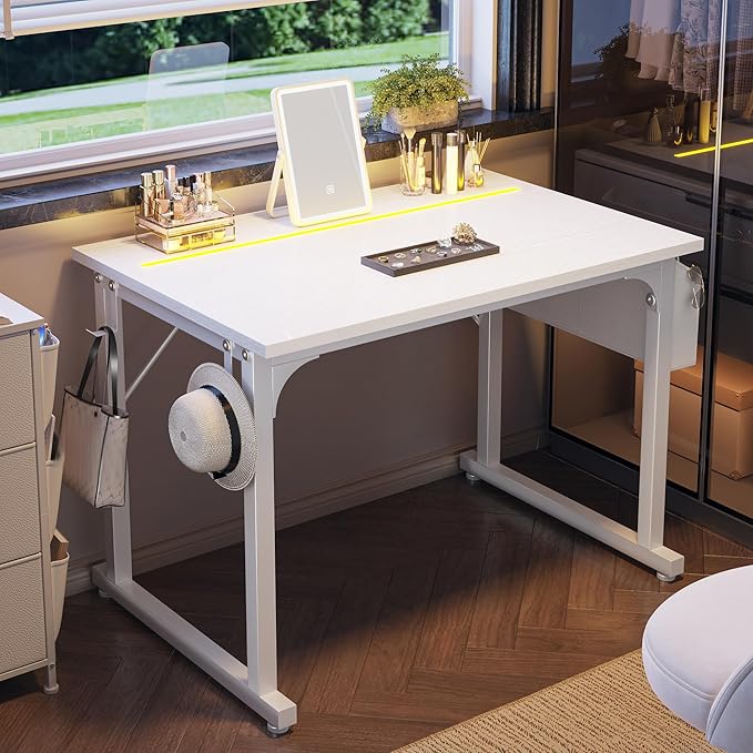 32 Inch White Computer Desk with LED Lights for Small Spaces, Office Desk for Home Office, Gaming Study Desk Writing Table with Storage Bag,Desk with Frame Headphone Hook