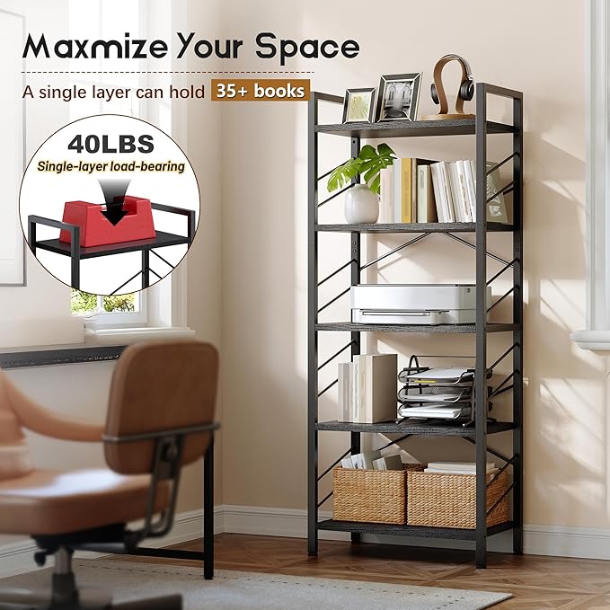 5 Tier Bookshelf, Industrial Tall Bookcase, Modern Display Book Shelf with Metal Frame and Sidebars for Bedroom, Living Room and Home Office, Black