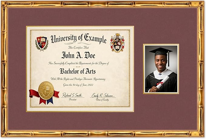 CountryArtHouse Fits 15 x 12 Military/Government and 5 x 7 Photo Diploma and Photo Frame Gold Bamboo Genuine Hardwood with Dark Red Over Metallic Gold Double mat