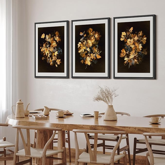 SIGNFORD Framed Wall Art Print Set Golden Blossom Watercolor Floral Warm Botanical Digital Art Modern Art Contemporary for Living Room, Bedroom, Office - 24"x36"x3 BLACK