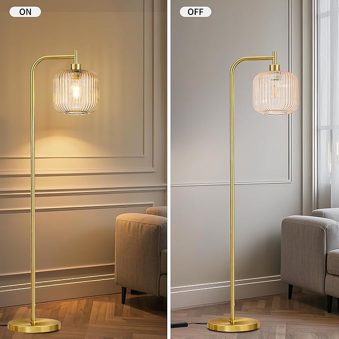 MAYNA Mid Century Modern Floor Lamp, Amber Ribbed Glass Standing Lamp with Built-in Timer Switch, Gold Tall Vintage Lamps for Living Room Bedroom, 2700K LED Bulb Included