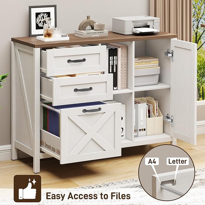 Farmhouse Lateral Filing Cabinet, Lateral File Cabinet with 3 Drawers and Cabinet, Large Printer Stand with File Drawer for Letter/A4 Size Hanging Files for Home Office, Rustic White