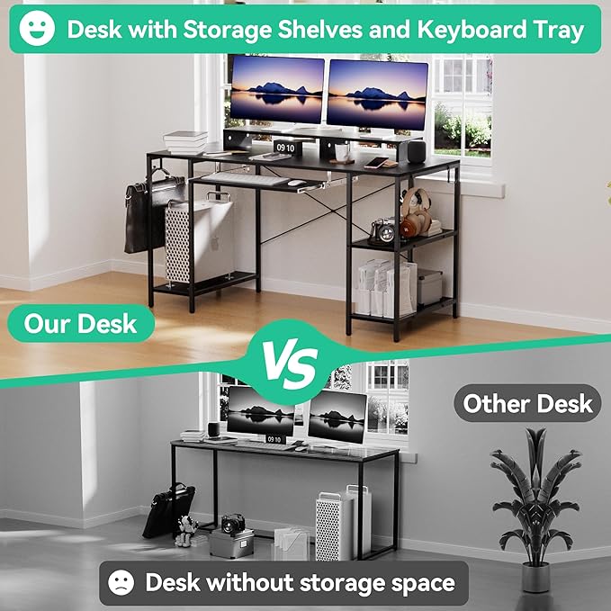 Workstation Desk with Keyboard Tray, 55 Inch Computer Desk with Storage Shelves Monitor Stands and 4 Iron Hooks, Industrial Desk for Home Office