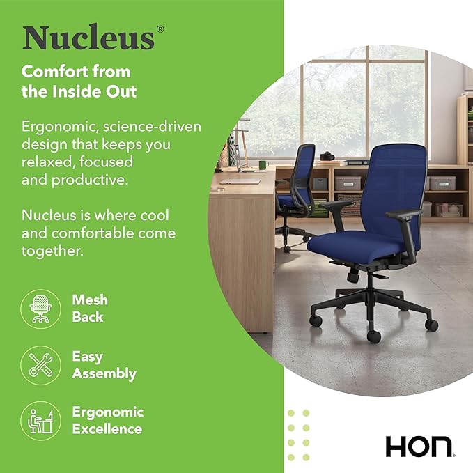 HON Nucleus Task Chair, Spectrum Mesh, Standard Synchro-Tilt Control, Office Chair with Lumbar Support, Height and Width Adjustable Arms, Black Frame, Cobalt