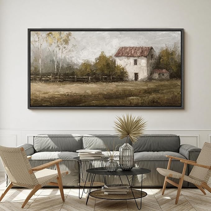 SIGNFORD Extra Large Framed Canvas Rustic Countryside House Landscape Illustrations Modern Art Calm Warm for Living Room, Bedroom, Office - 60"x30"