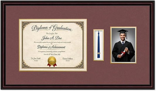 Diploma Tassel and Photo Frame Executive Brown Shadowbox Dark Red Over Gold Mat - Fits 13 x 10 Degree Picture Made in the USA