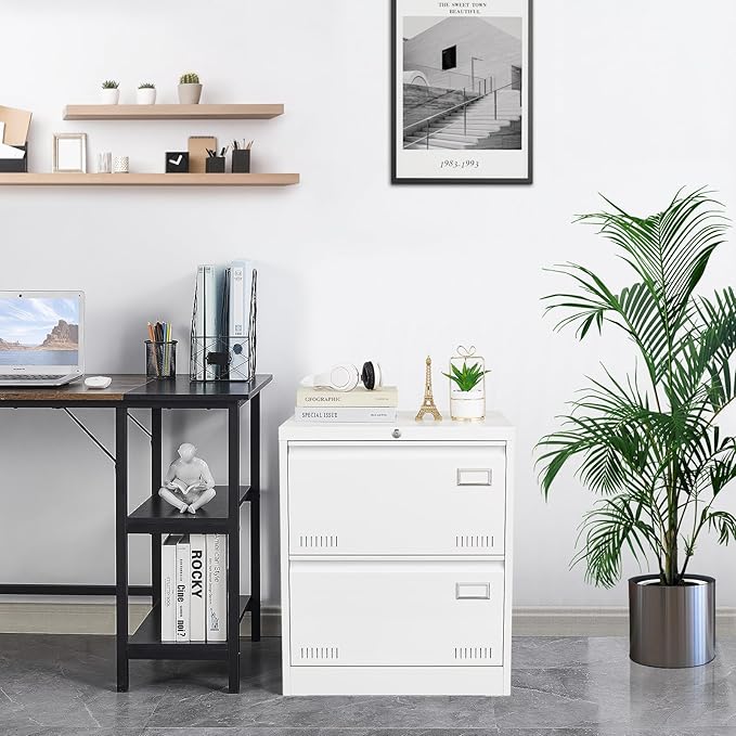 GREATMEET 2 Drawer Lateral File Cabinet,Lateral Filing Cabinet with Lock,Metal Lateral File Cabinet for Letter/Legal/F4/A4 Size with Hanging Bars,White