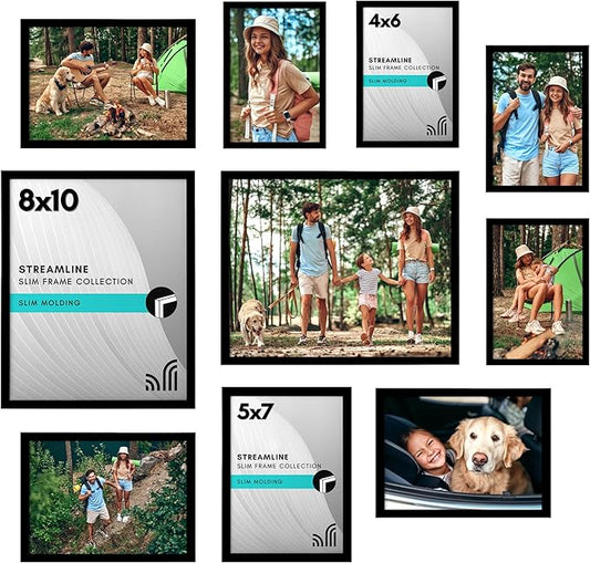 Americanflat Set of 10 Picture Frames with Shatter-Resistant Glass - Gallery Wall Frame Set with Two 8x10, Four 5x7 and Four 4x6 Frames - Streamline Collection - Black