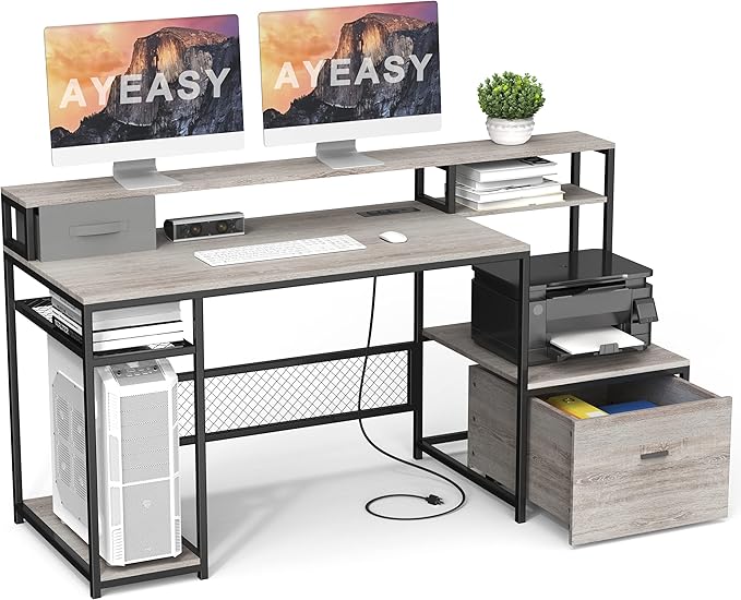Home Office Desks with Drawers, 66'' Computer Desk with Storage, Office Desk with Monitor Stand, Work Desk with Outlets and USB, Gaming Table Desk with File Cabinet for Home Office Table, Grey