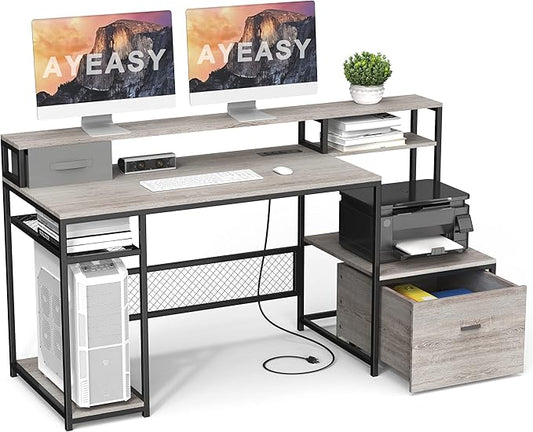 Home Office Desks with Drawers, 66'' Computer Desk with Storage, Office Desk with Monitor Stand, Work Desk with Outlets and USB, Gaming Table Desk with File Cabinet for Home Office Table, Grey