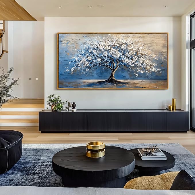 SERIMINO Tree of Life Wall Art, Framed Wall Art Large Artwork, Cherry Blossom Tree Abstract Paintings Prints, Nature Canvas Art Wall Decor, Blue Neutral Pictures for Living Room Bedroom Office 29"X57"