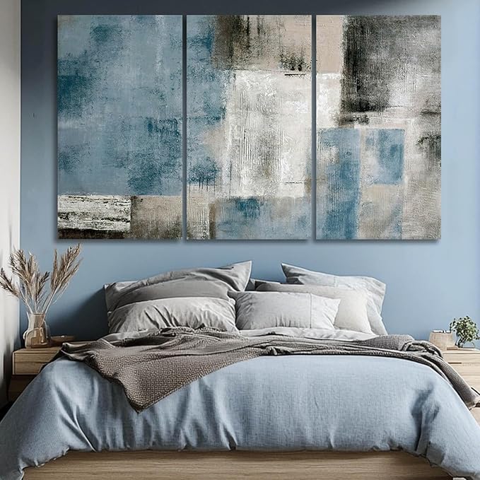 SDYA Large Blue Abstract Wall Art Set Of 3 Canvas 24x48 In,Modern Blue Grey Minimalist Painting,Contemporary Wall Decor Pictures for Living Room