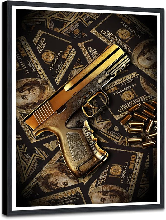 Money Wall Art Real 100 Bill Dollar Poster Cash Money Collection Gun Motivational Canvas Print Wall Decor for Office Home Living Room Decor Ready to Hang 12x16inch