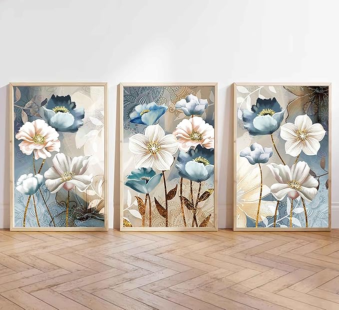 3 Pcs Modern Luxury Lotus Flower Canvas Wall Art White and Blue Floral Painting Pictures Wall Decor Posters Print Artwork for Living Room Bedroom Bathroom Office Home Decoration Unframed