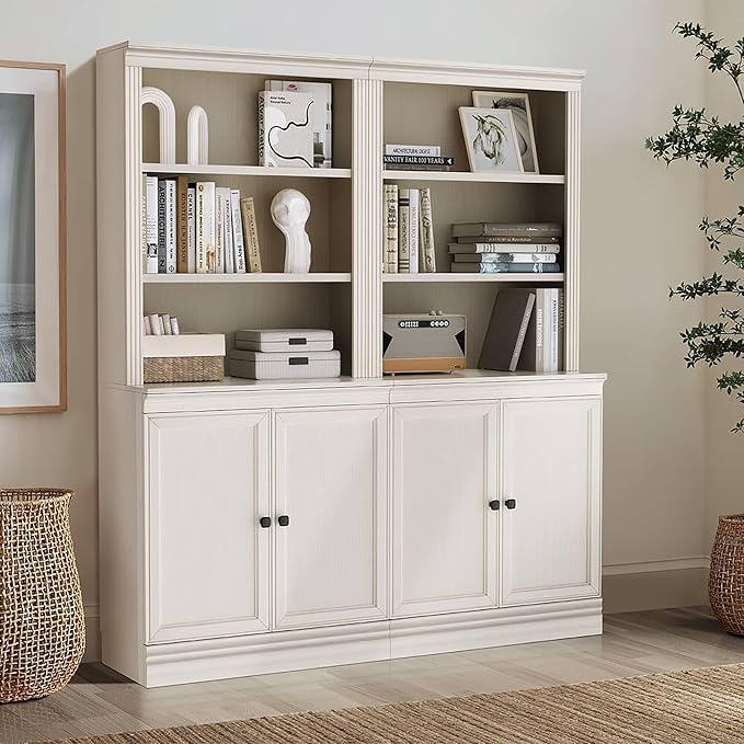 JAHRSTIM Halston Multi-Depth Bookcase, Adjustable Storage Shelving Unit with Doors for Home and Office Space, 31.5”L x 15.75”W x 72.8”H, Cream