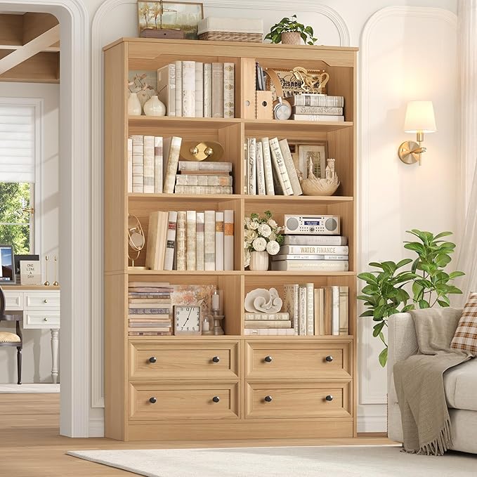 FINETONES 71" Tall Bookshelf with 4 Drawers, 6-Tier Double Wide Bookshelves and Bookcases with Storage, Natural Bookshelf Large Open Bookshelves Standing Book Cabinet for Home Office