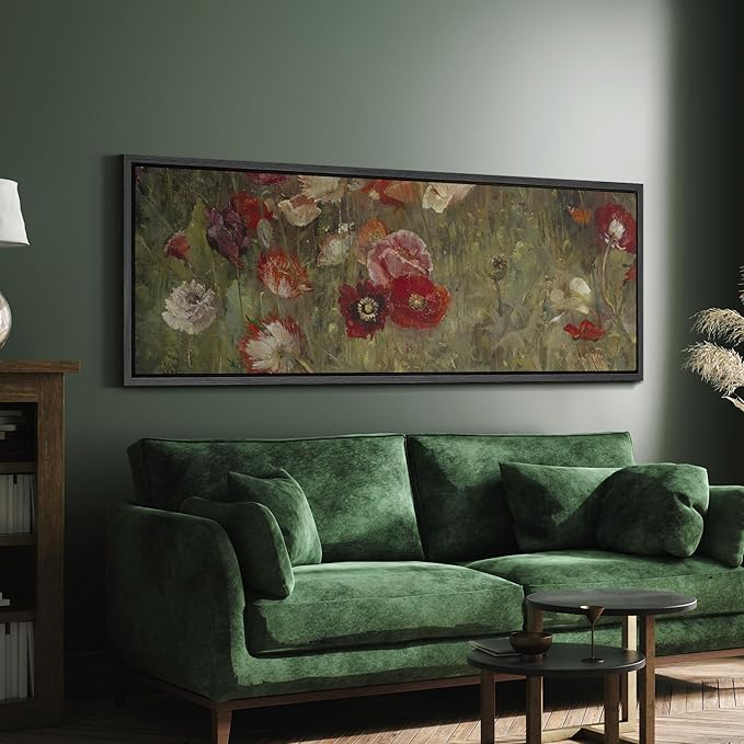 SIGNFORD Large Framed Canvas Vintage Red and White Poppy Field Illustrations Modern Art Calm Warm for Living Room, Bedroom, Office - 60"x20"