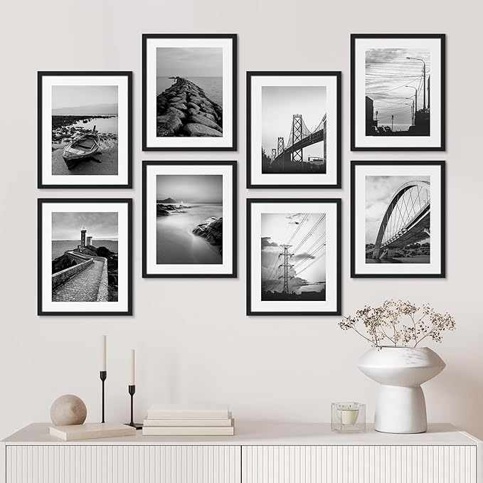 SIGNWIN Framed Poster Wall Art Set of Black & White Ocean Beach Seascape Nature Wilderness for Living Room, Bedroom, Office - 11"x14"x 8 Black