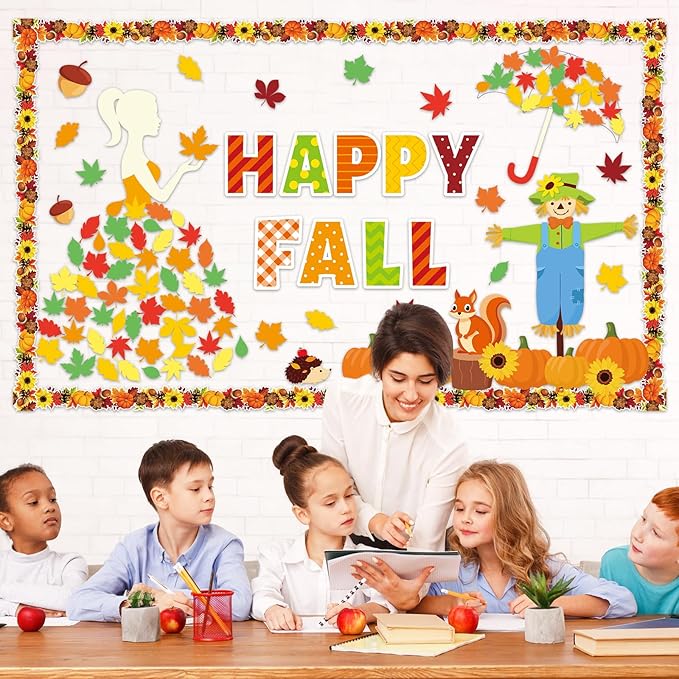 gisgfim Thanksgiving Fall Bulletin Board Decorations Happy Autumn Themed Party Paper Cutouts Maple Leaf Pumpkin Squirrel Bulletin Board Set for Home School Classroom Wall Decoration Decor Supplies