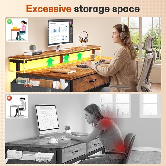 47.3Inch Office Computer Desk with LED Lights & 2 Fabric Drawers, Gaming Desk with Side Pocket & Ergonomic Monitor Stand, Small Space Study Writing Table with Anti-Tip Design, Rustic Brown
